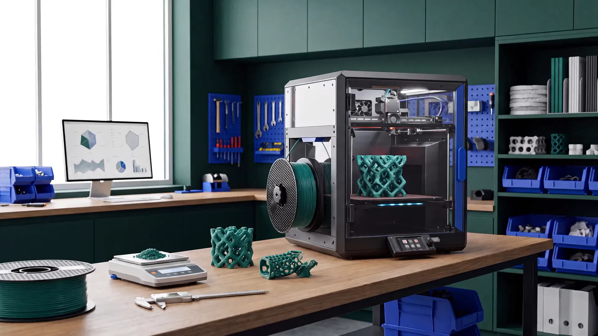 Oficina de impressão 3D clara, com armários verdes, bancada de madeira, impressora fechada imprimindo uma peça verde, balança e peças impressas sobre a mesa.